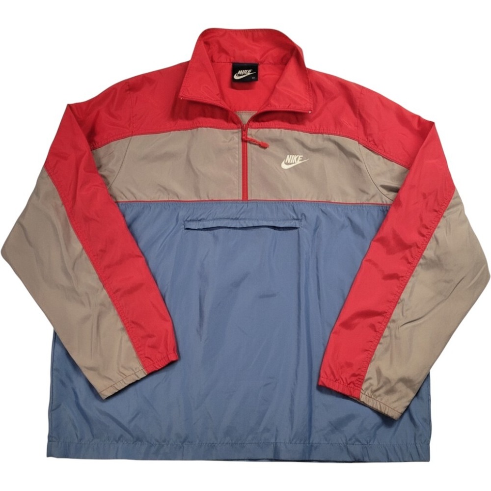 Vintage Nike Windbreaker Half Zip Anorak Jacket Red Grey Blue Mens XL Packable